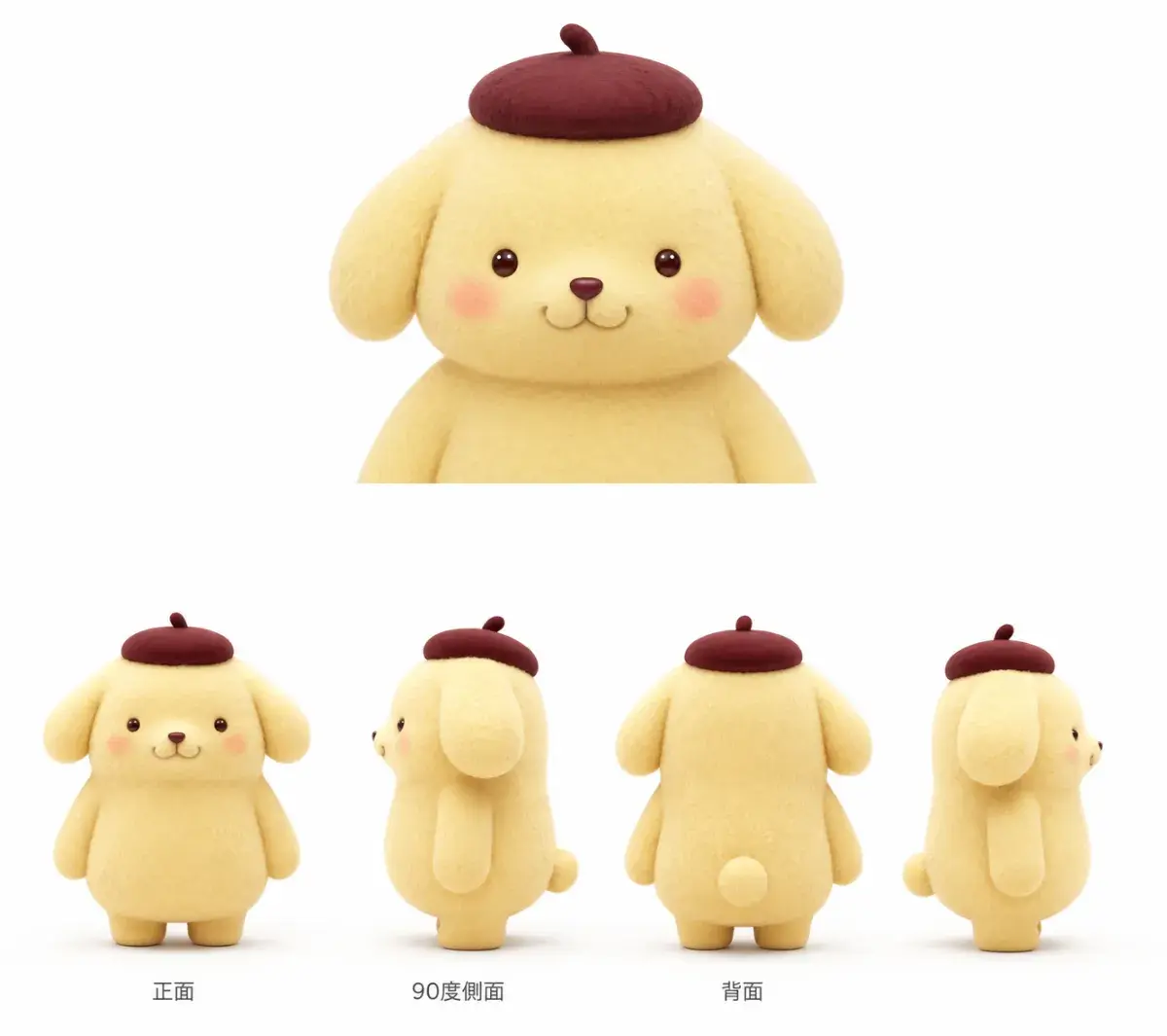 Gemini Omni 布丁狗角色參考圖：淡黃色毛絨、棕色貝雷帽、垂耳、粉紅臉頰
